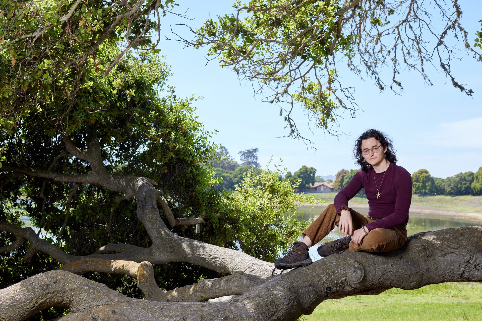 Mitchell Zimmerman sitting on a low tree branch with Lake Lagunita in the background